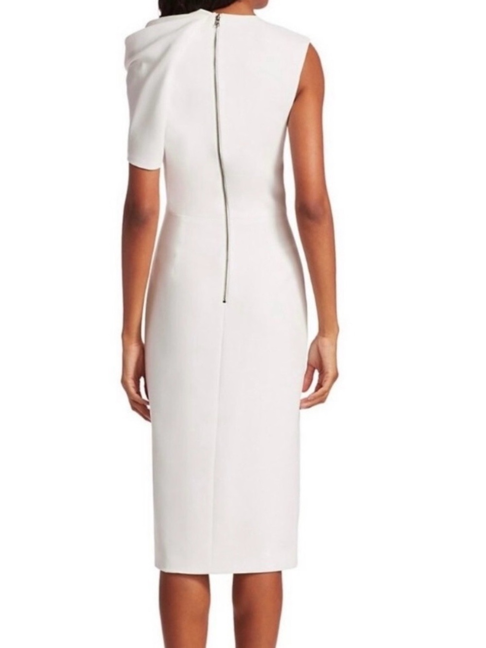 NWT ALICE + OLIVIA Kiro Ruffle Shoulder Midi Sheath Dress - Picture 2 of 11